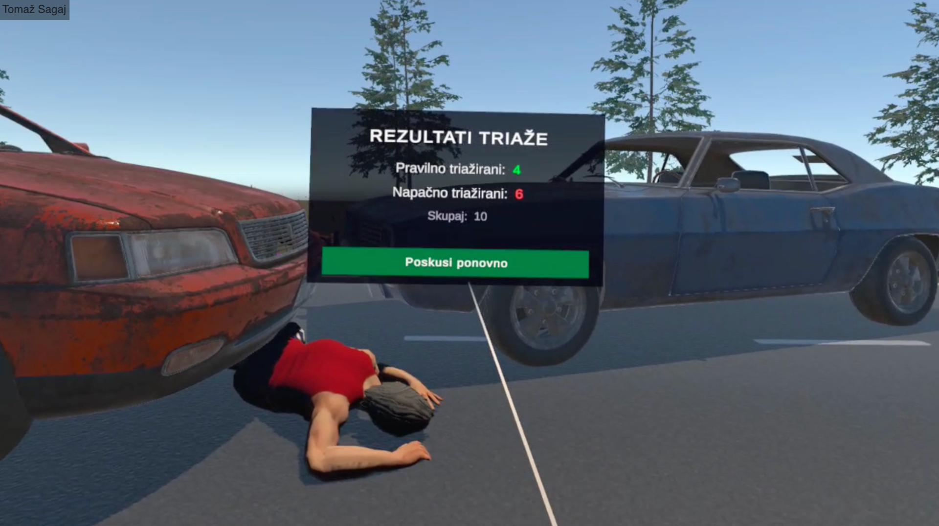 VR-simulacija za učenje primarne triaže v množičnih nesrečah.